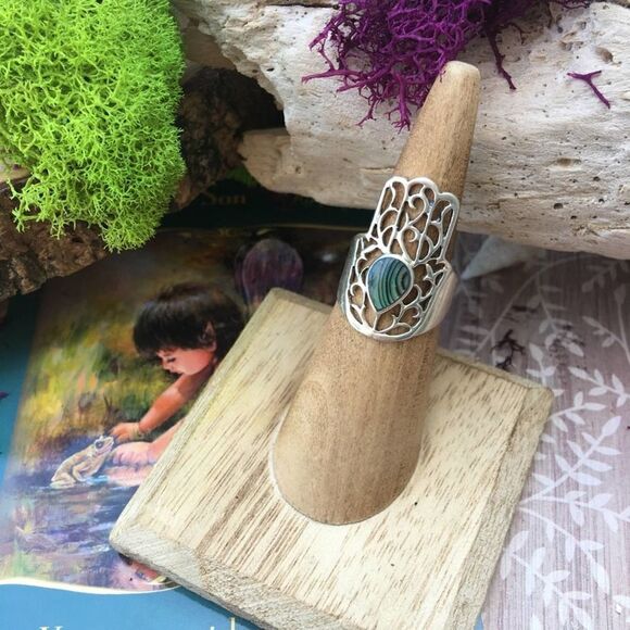 Sterling Silver Abalone Hamza Ring Size 5.5 - Picture 1 of 6